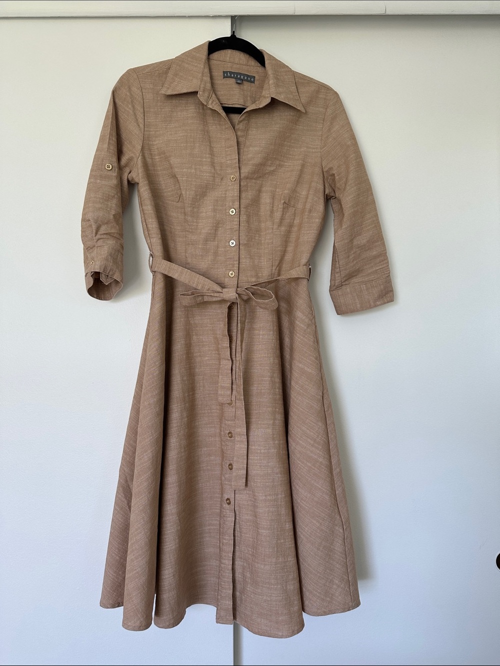 Talbots Neutral Tan Button-Front Midi Shirt Dress